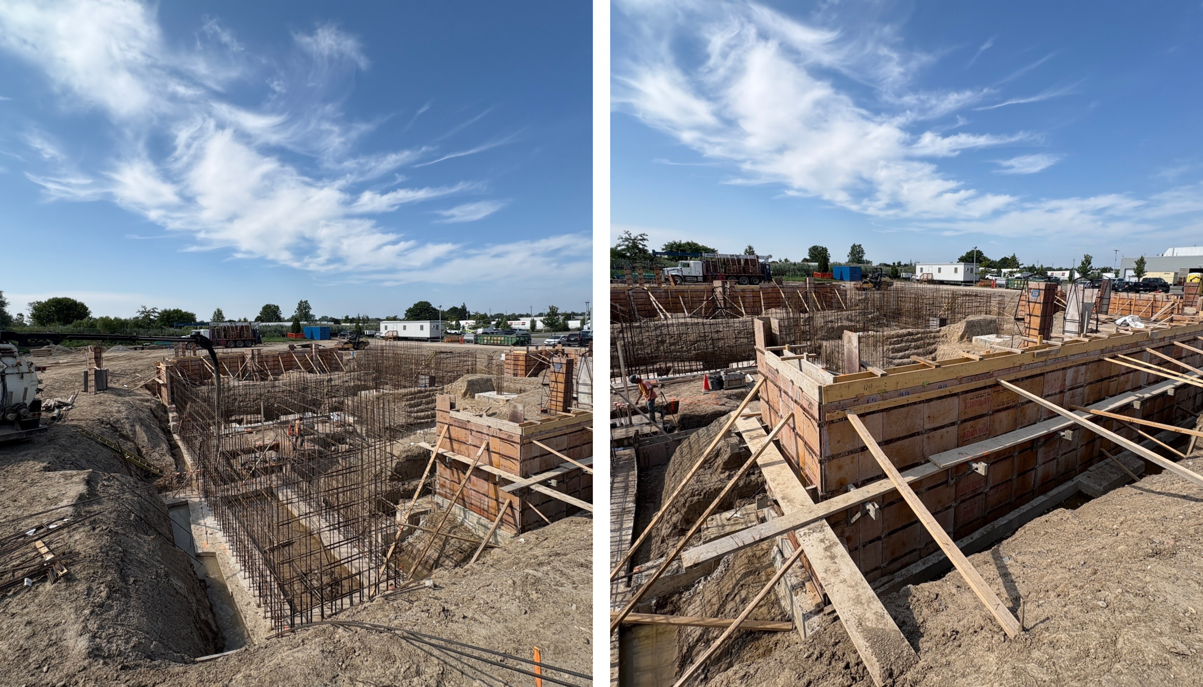 Two side-by-side images showing construction progress on the new County building