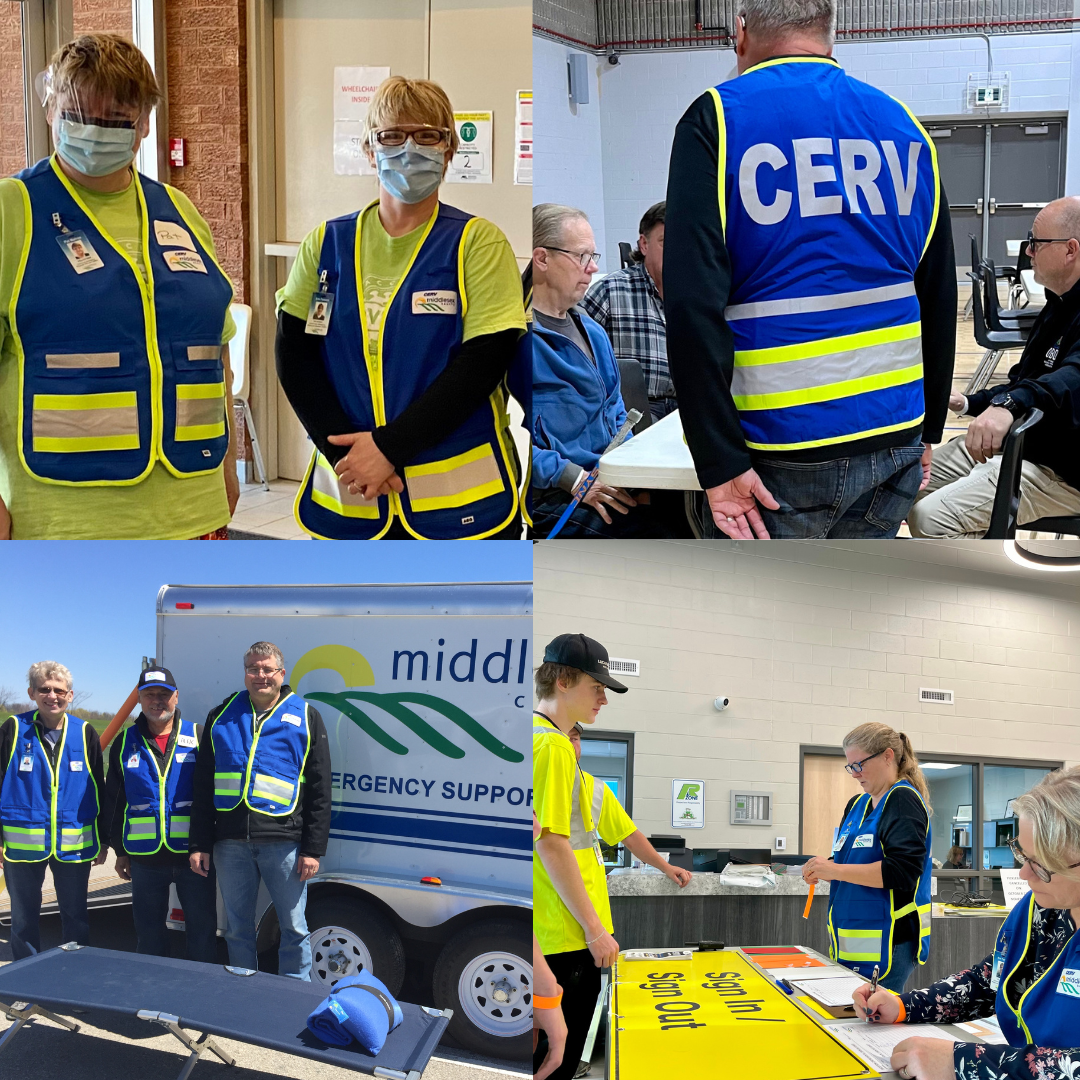 A collage of CERV volunteers assisting in various emergency situations