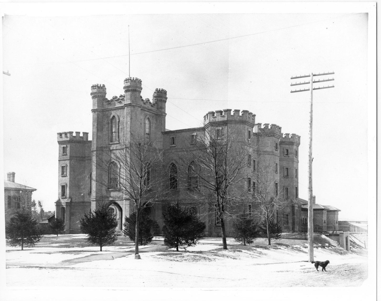 A black and white image of the Middlesex County building