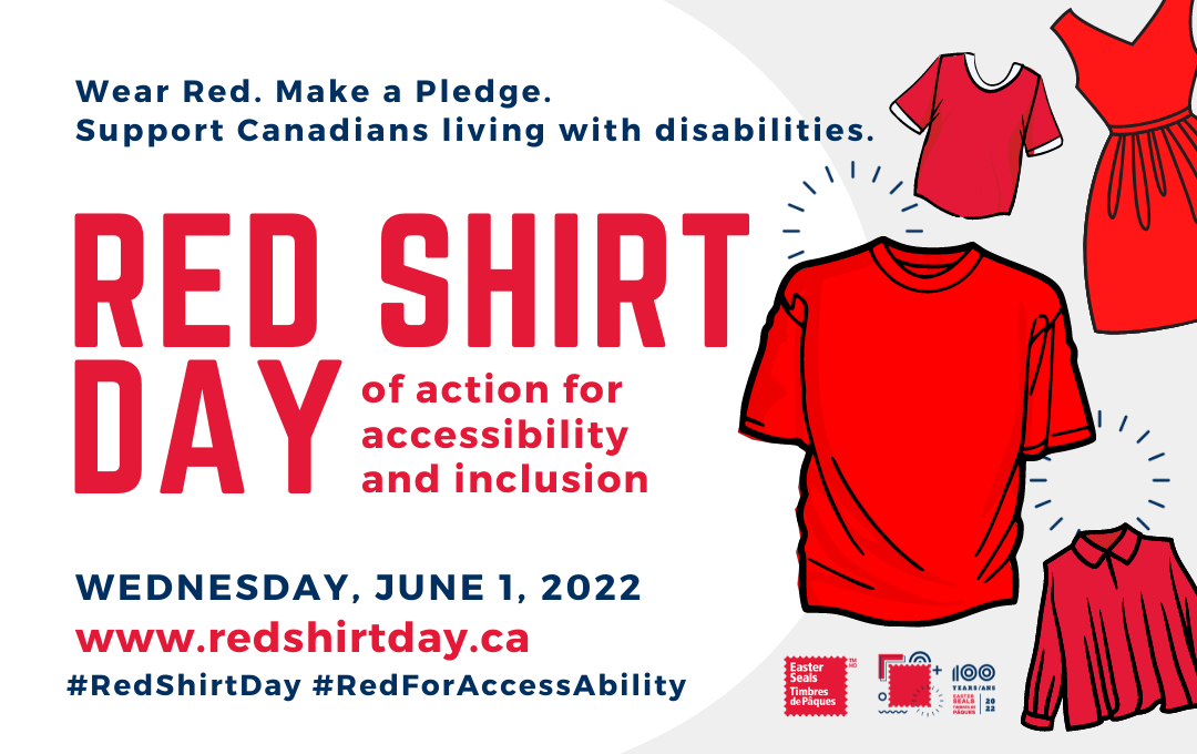 Red Shirt Day graphic reading wear red. Make a Pledge. Support Canadians living with disabilities
