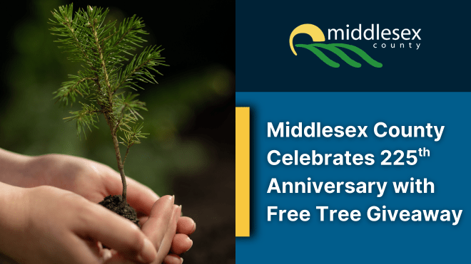 Image of hands holding spruce sapling with "Grab a free tree" text overlay, as well as the date June 27, 2025 and the words "225th Anniversary Middlesex County Free Tree Giveaway"