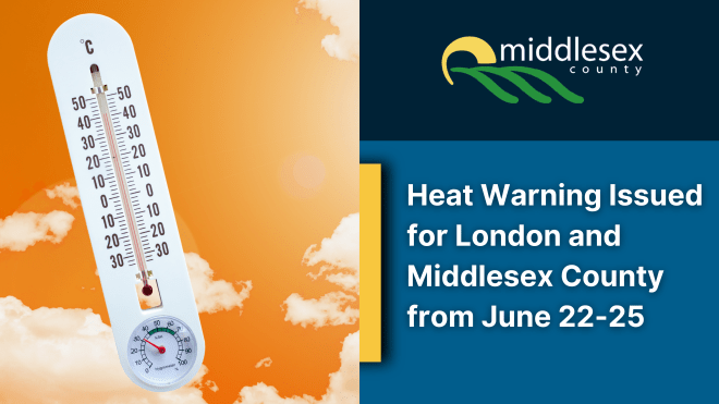 Image of thermometer set against orange sky with text reading "Heat Warning Issued for London and Middlesex County from June 22-25" and the County logo