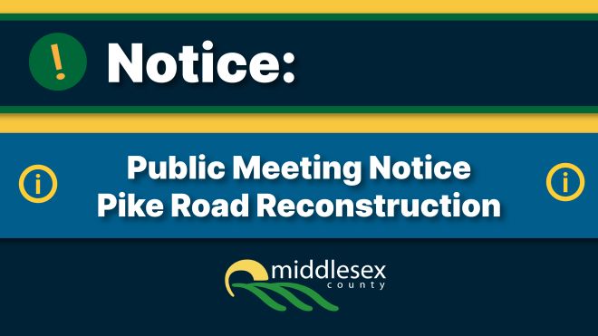 Text reading, "Public Meeting Notice - Pike Road Reconstruction" with County logo