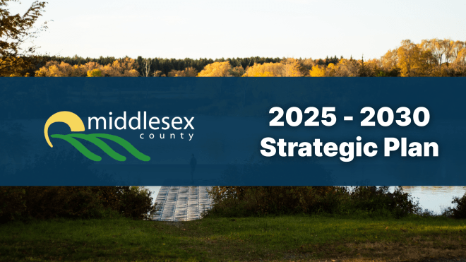 Image of person standing on a dock overlooking the water with the Middlesex County 2025-2030 Strategic Plan banner laid overtop.