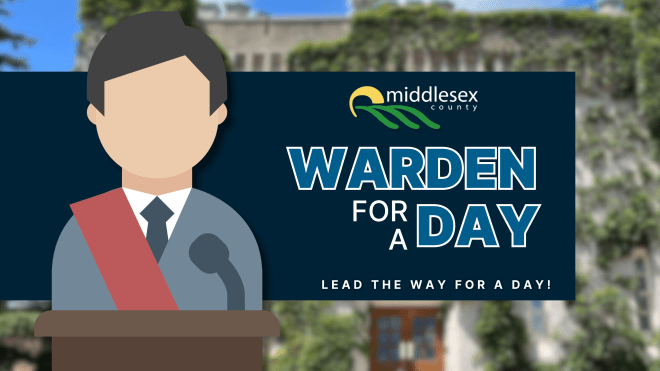 An illustration of a male warden at a podium next to the text "Warden for a Day - Lead the way for a day" and the Middlesex County logo