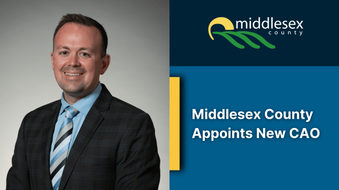 Image of Paul Shipway next to text reading, "Middlesex County Appoints New CAO" with the County logo above