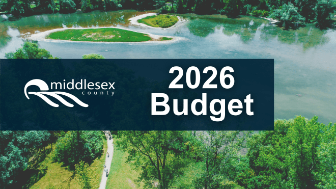 Aerial view of landscape with County logo and text reading, "2026 Budget"