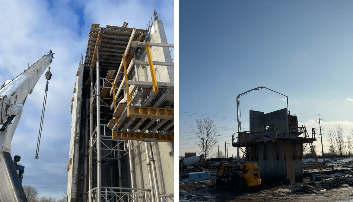 Side-by-side images of the construction site