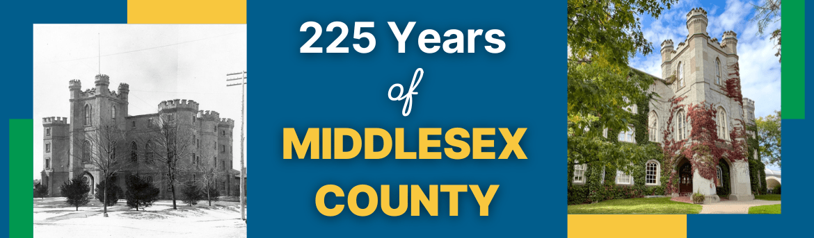 Two side-by-side images, one of the County building in the early 1900s and the other of the present-day building with the words "225 Years of Middlesex County"