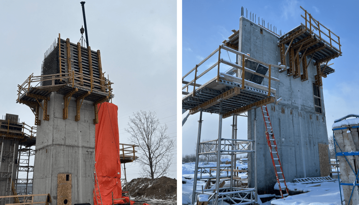 Side-by-side images of the construction site