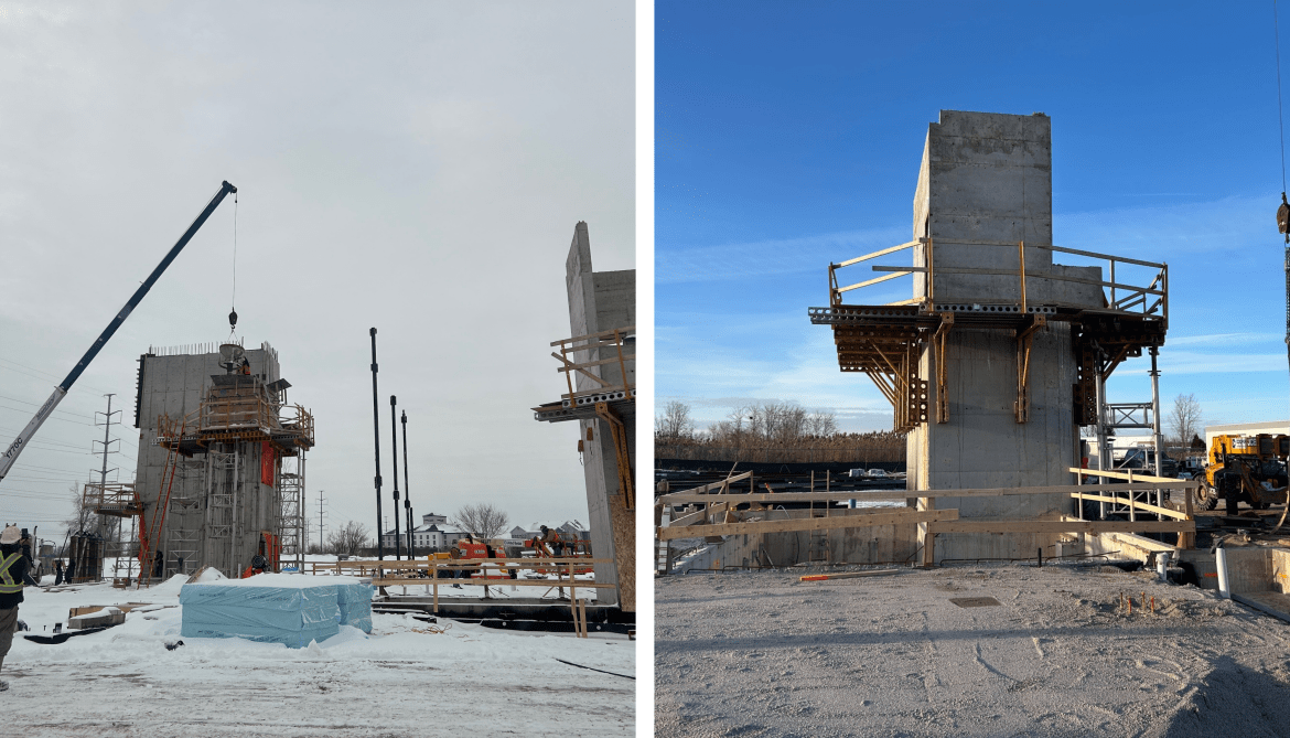 Side-by-side images of the construction site