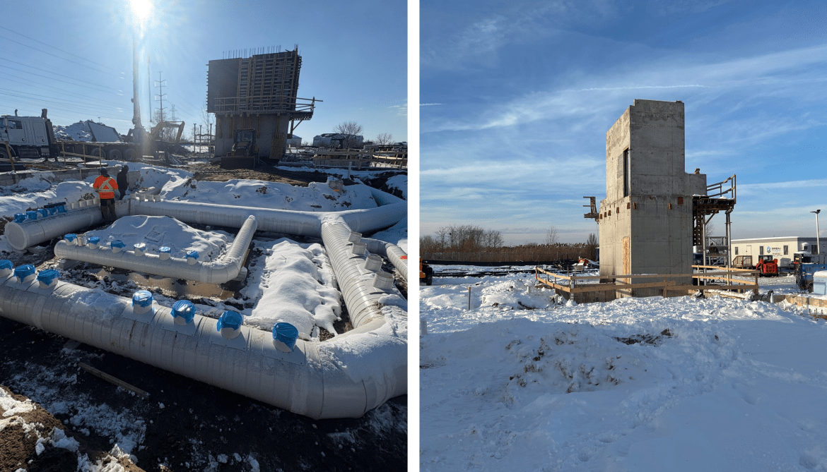 Side-by-side images of the construction site