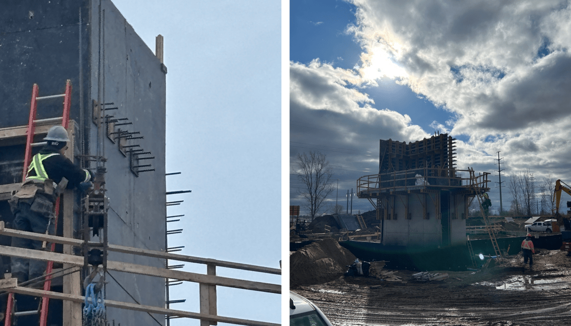 Side-by-side images of the construction site