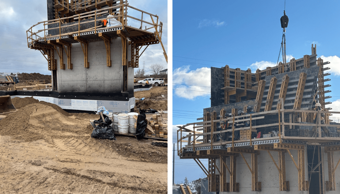 Side-by-side images of the construction site