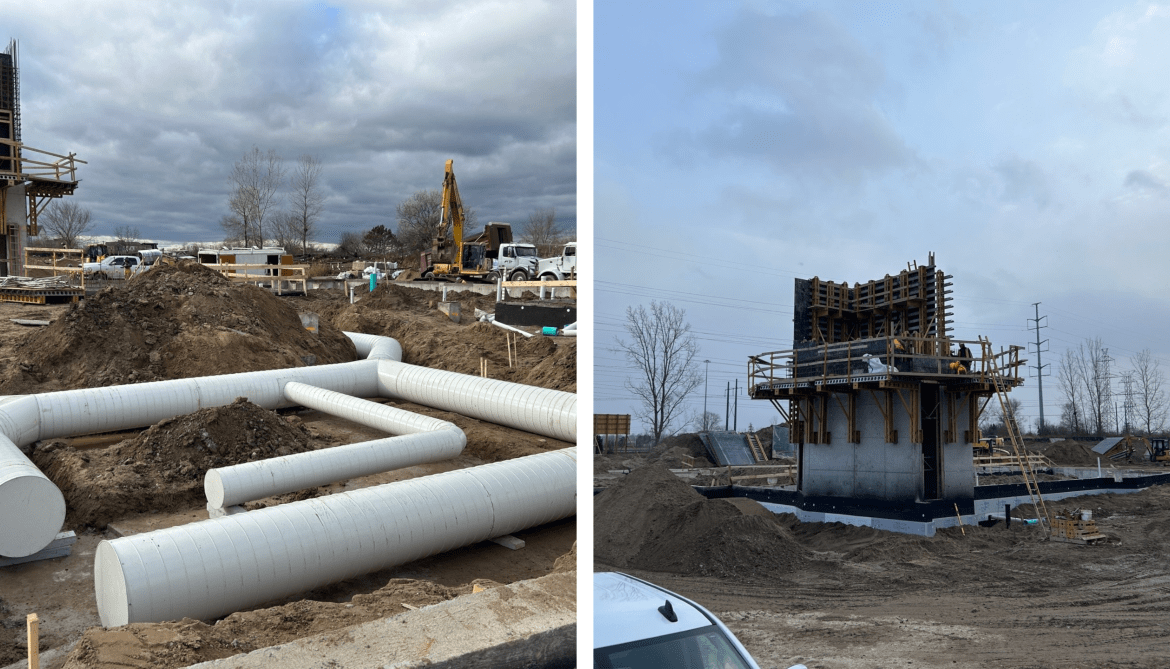 Side-by-side images of the construction site