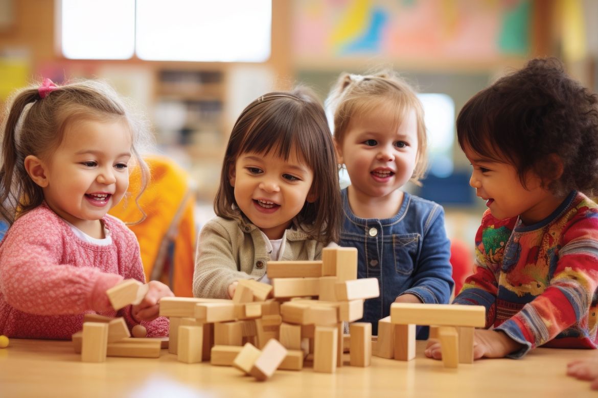 Children Playing with wooden blocks