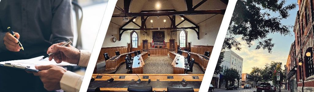 People writing, courtroom, and Downtown Strathroy