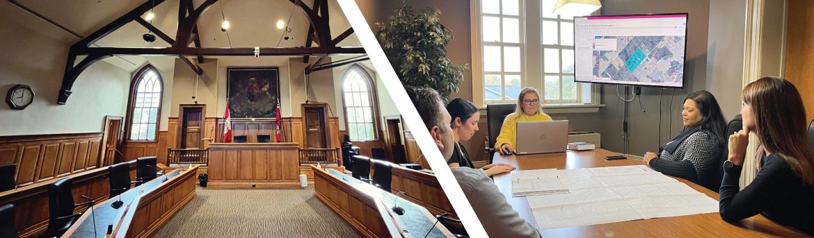 Council chambers and group of people in a meeting 