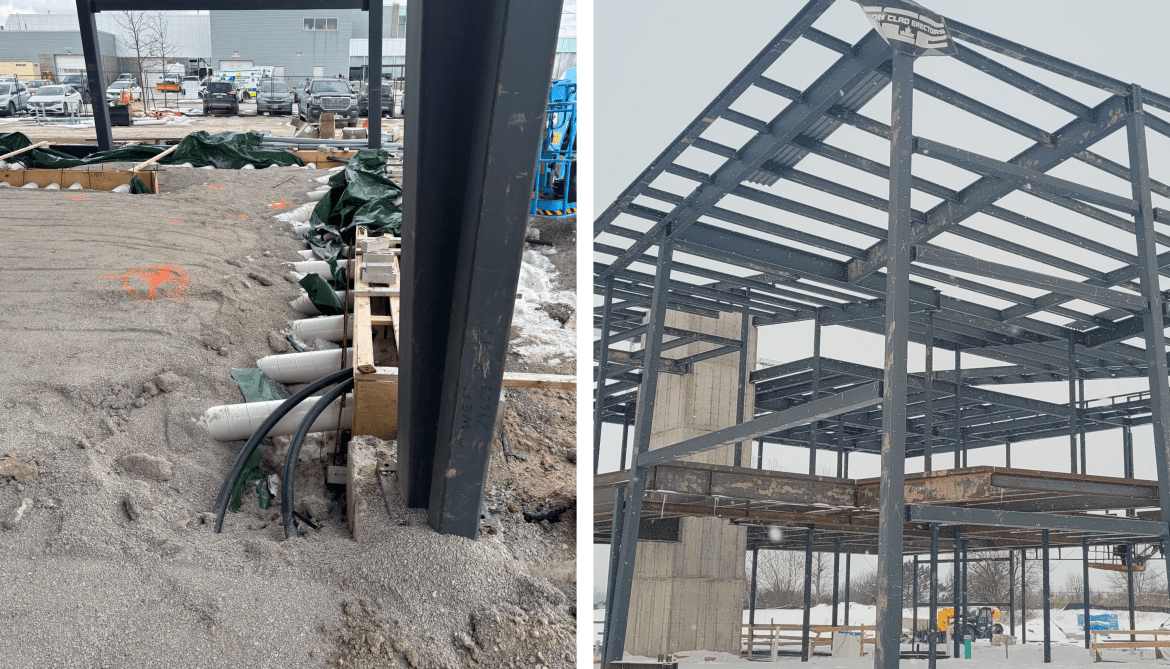 Side by side photos of a construction site.