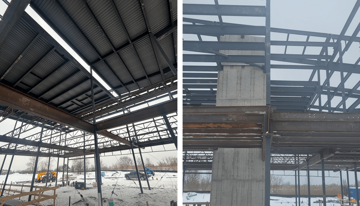 Side-by-side images of the construction site