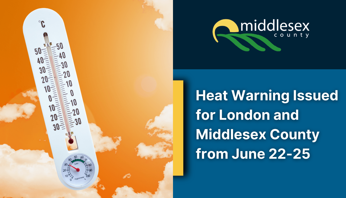 Image of thermometer set against orange sky with text reading "Heat Warning Issued for London and Middlesex County from June 22-25" and the County logo