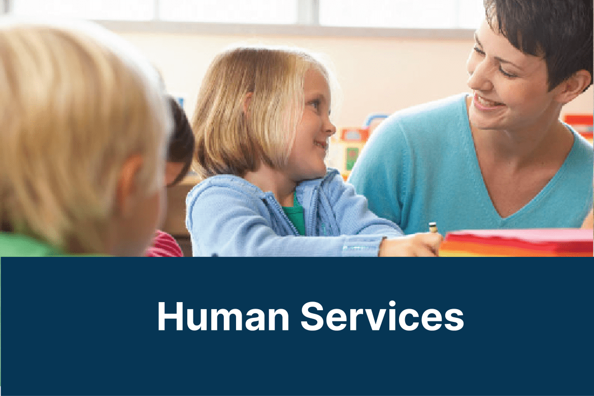 Image of a woman and a child with text reading, &quot;Human Services&quot;