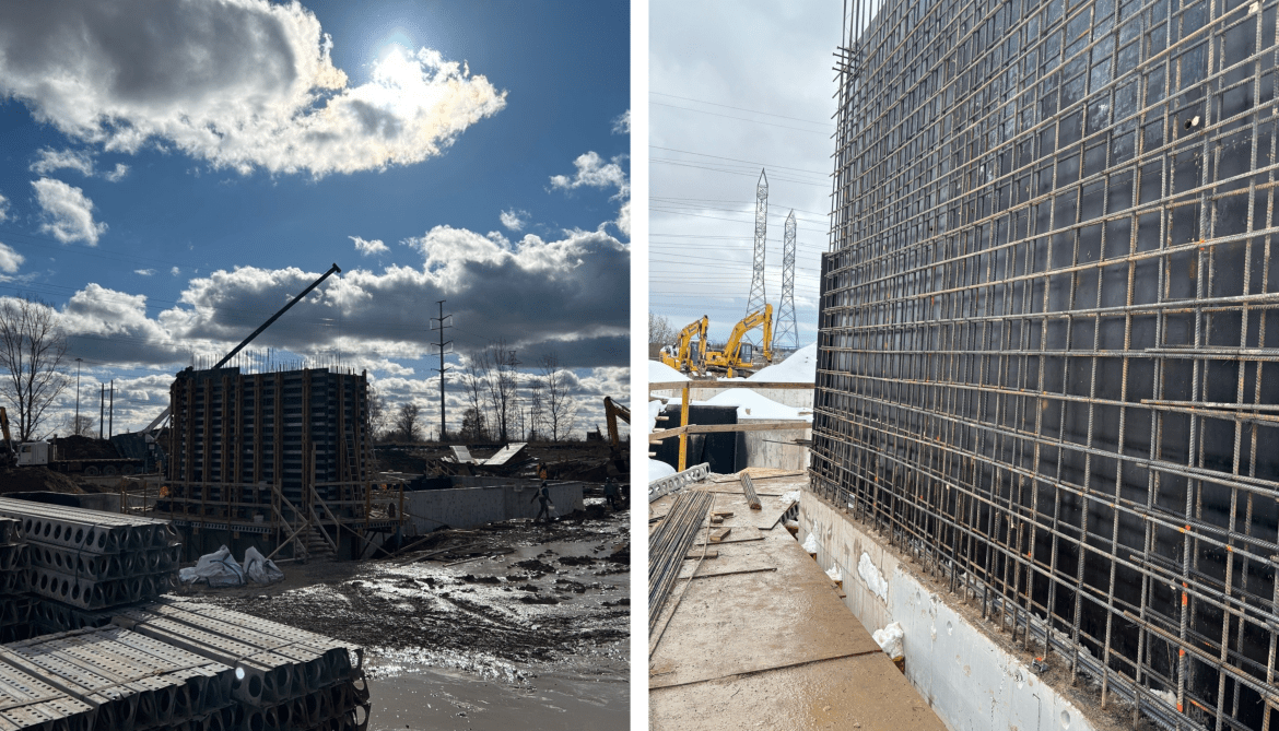 Side-by-side images of the construction site