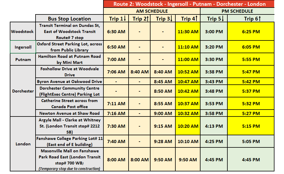 Route 2 modified schedule