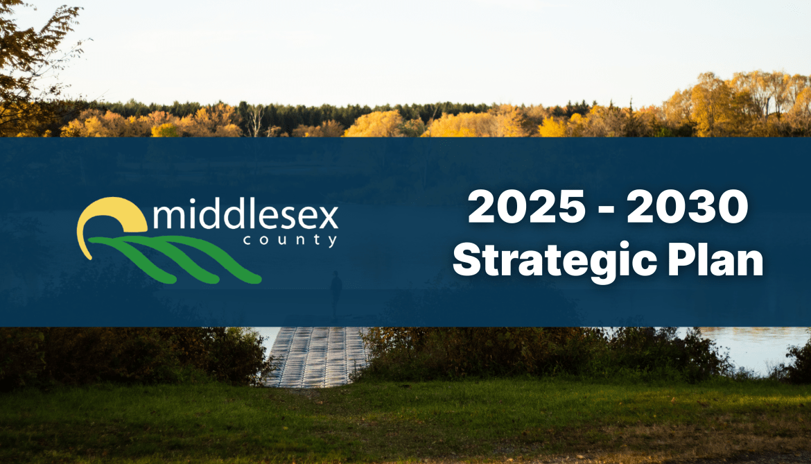 Image of person standing on a dock overlooking the water with the Middlesex County 2025-2030 Strategic Plan banner laid overtop.