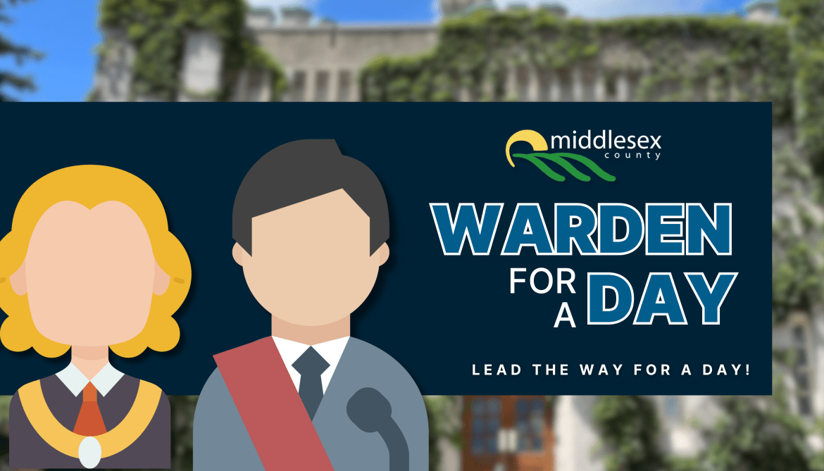 An illustration of a male and female warden next to the text "Warden for a Day - Lead the way for a day" and the Middlesex County logo