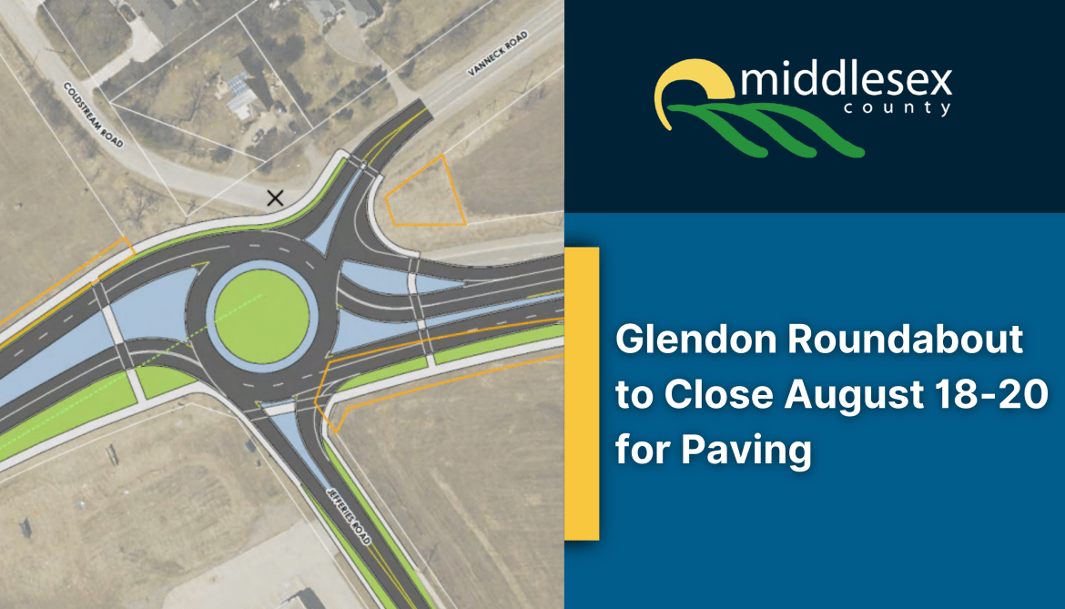 Rendering of Glendon roundabout aerial view with caption, "Glendon Roundabout to Close August 18-20 for Paving" and County logo