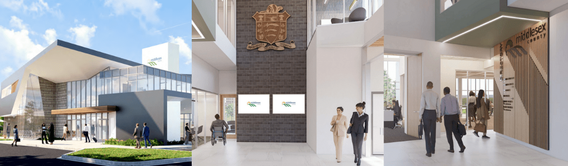 Three side-by-side renderings, one of the exterior of the new building, and two of the interior