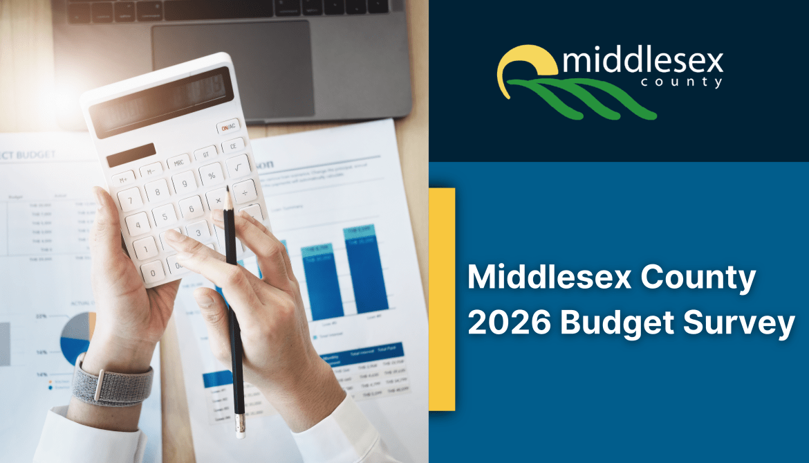 Image of a person using a calculator with the text, "Middlesex County 2026 Budget Survey" and County logo on the opposite side