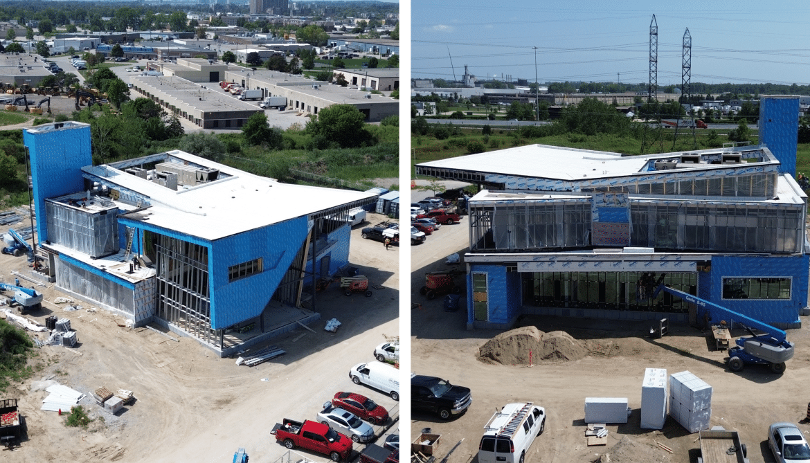 Two photos of a building under construction.