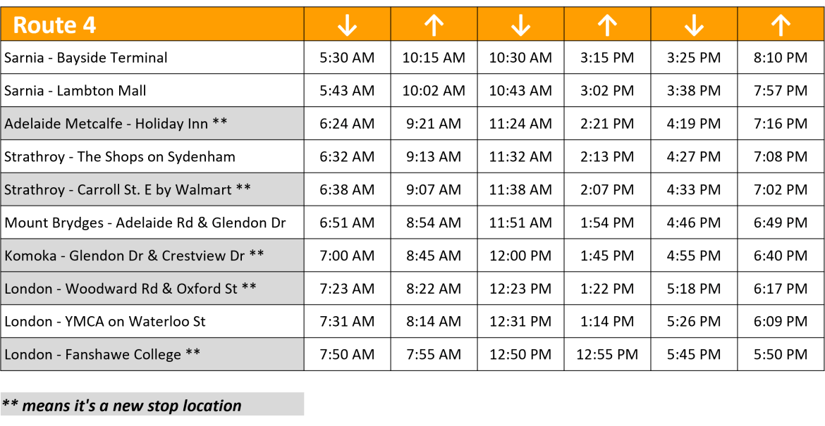 Route 4 new schedule table