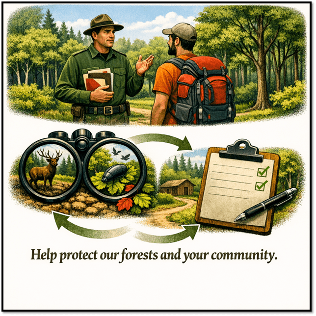 Image of forests with text reading: Help protect our forests and your community. 