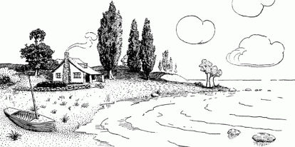 pen style drawing of cottage on lake front